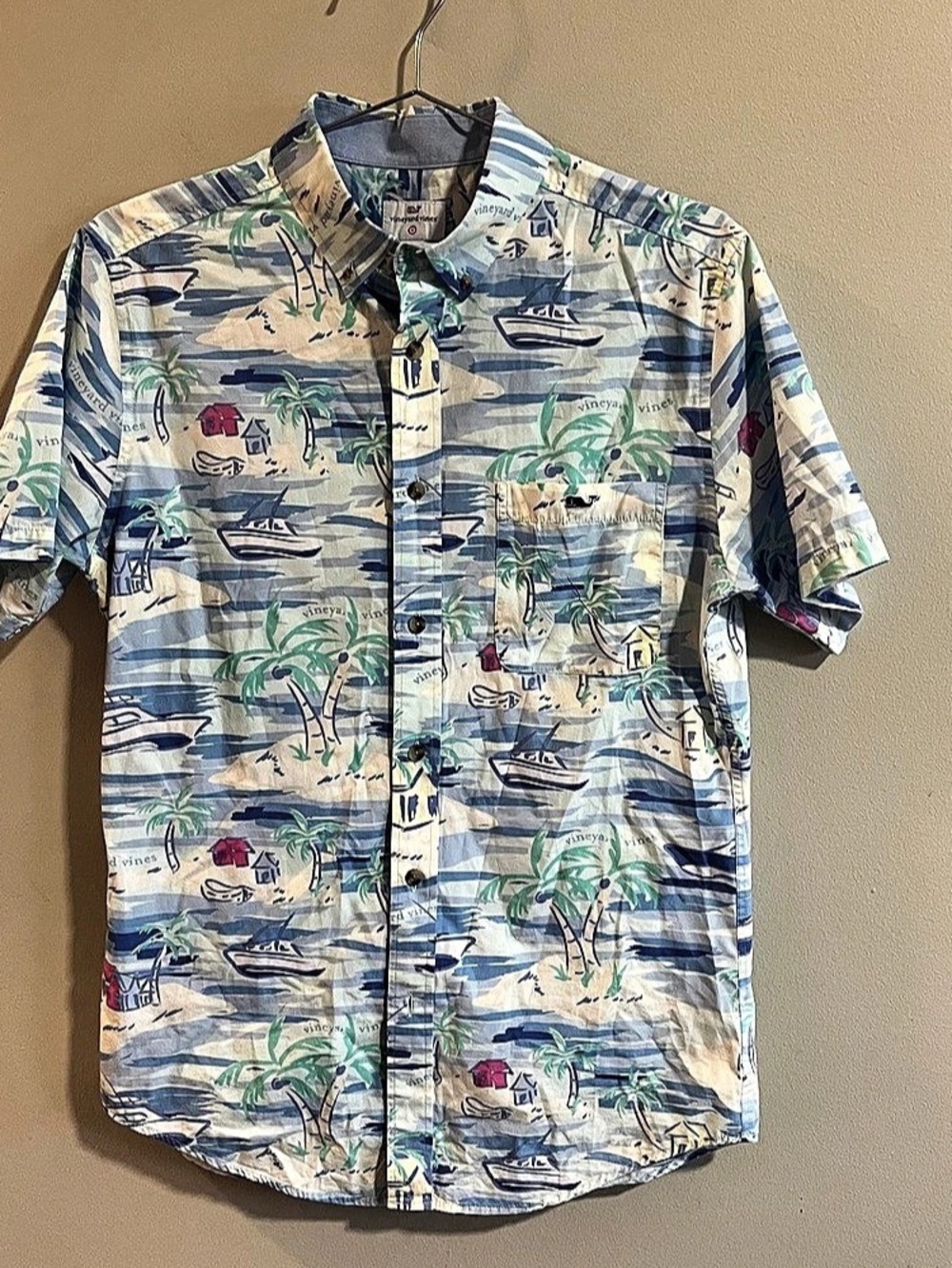 Vineyard Vines x Target Hawaiian Boat Palm Hut Island Ocean Blue Mens Shirt S